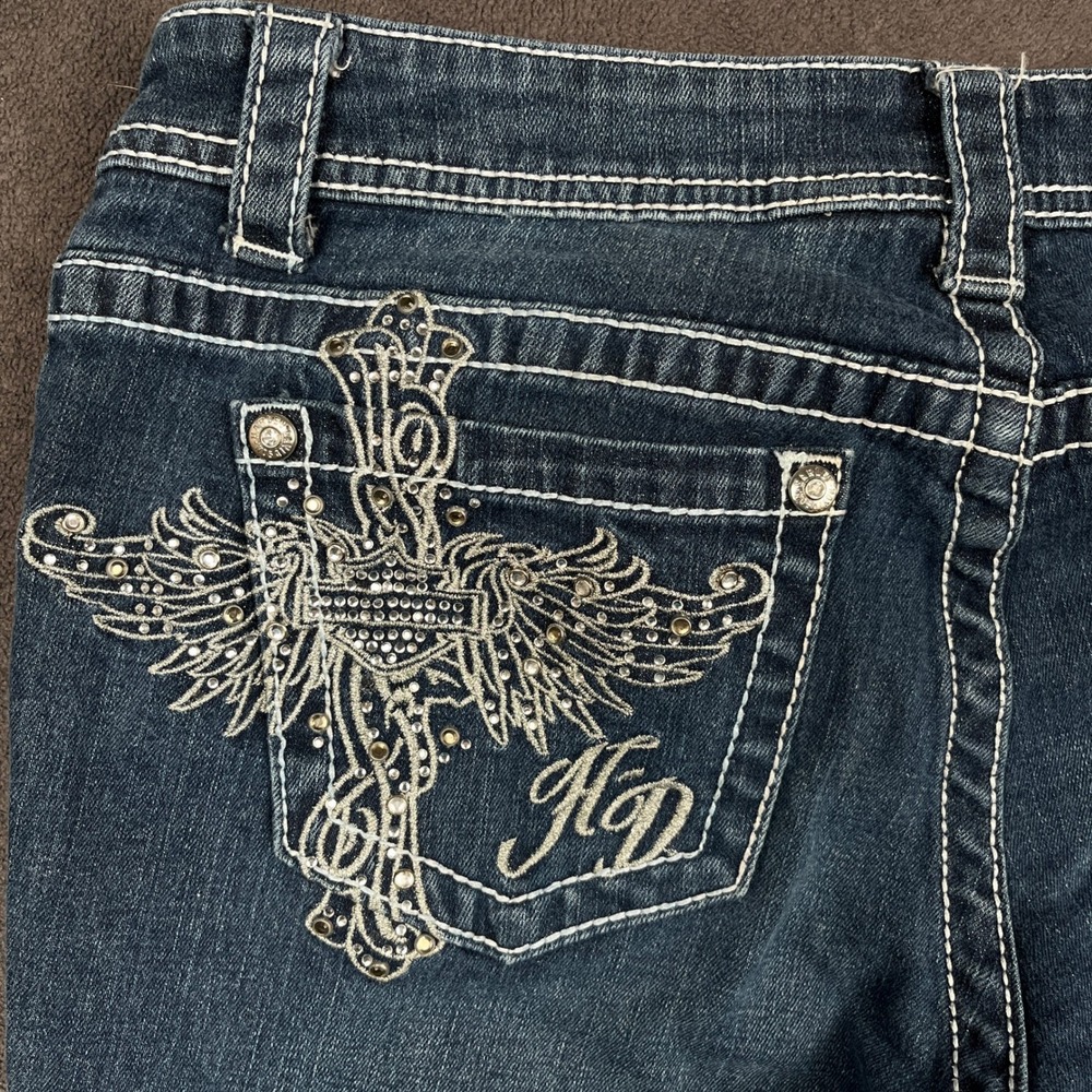Harley Davidson Bootcut Jeans Womens 10 Blue Embroidered Winged Cross Y2K 34x31